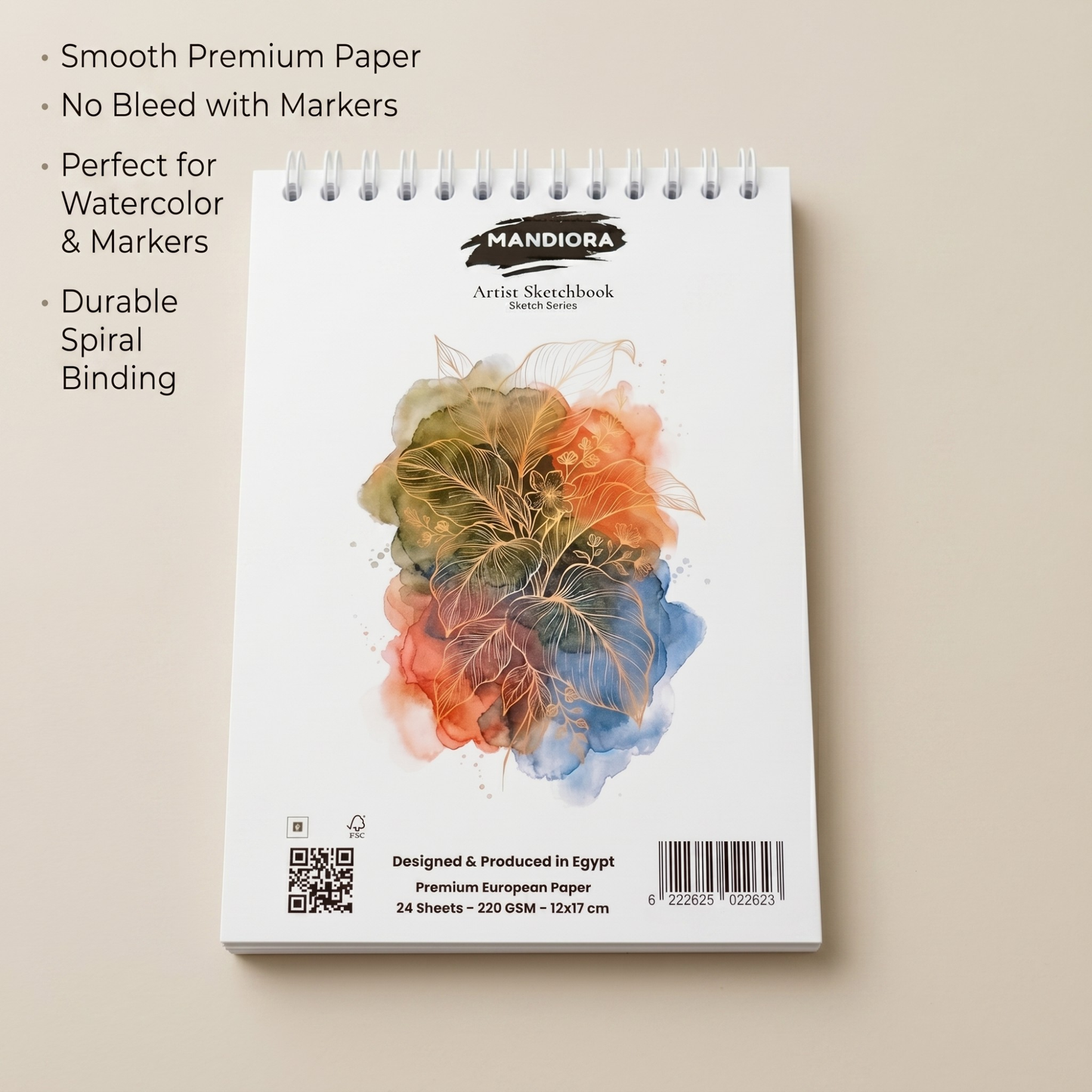 Mandiora دفتر اسكتش – 12 × 17 سم – طولى – 220 جرام (متعدد الاستخدام)