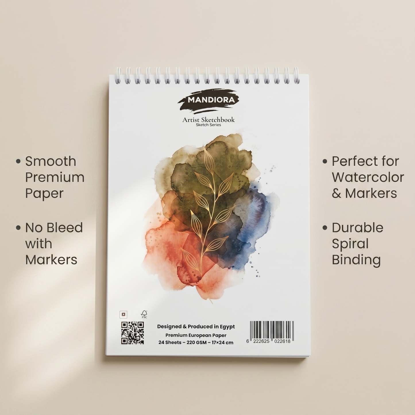 Mandiora دفتر اسكتش – 17 × 24 سم – طولى – 220 جرام (متعدد الاستخدام)