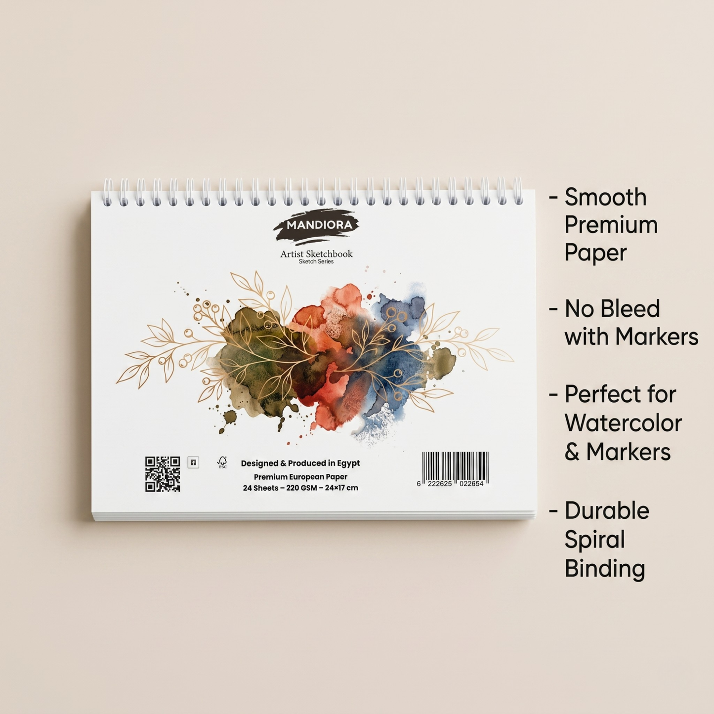 Mandiora دفتر اسكتش – 24 × 17 سم – عرضى – 220 جرام (متعدد الاستخدام)