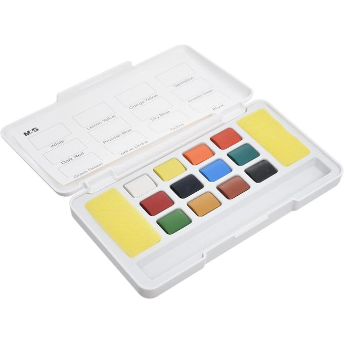 M&G Chenguang Solid Watercolor Paint Set 12 Colors with Water Brush | Bright Watercolor Kit APL976N0