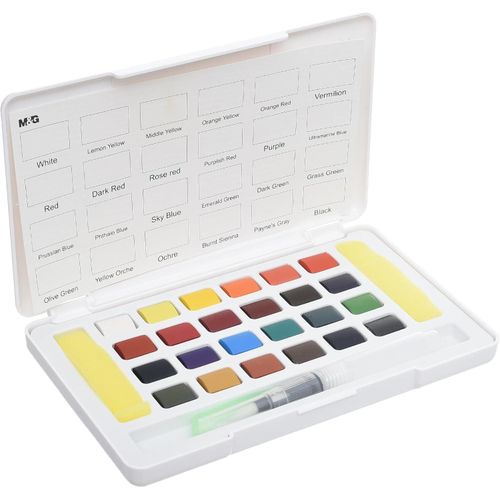 M&G Chenguang Solid Watercolor Paint Set 24 Colors with Water Brush | Bright Watercolor Kit APL976P1