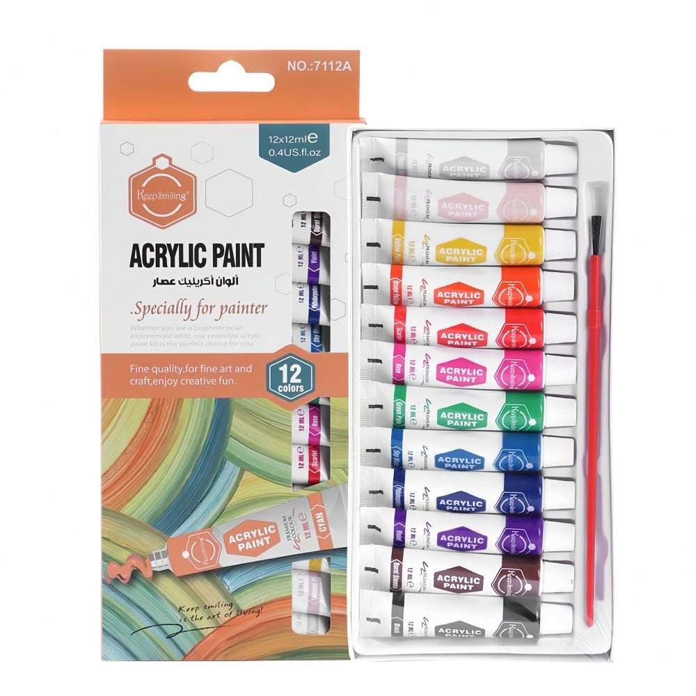 Keep Smiling Acrylic Paint Set 12 Colors 12ml | Artist Painting & Craft Kit | 7112A