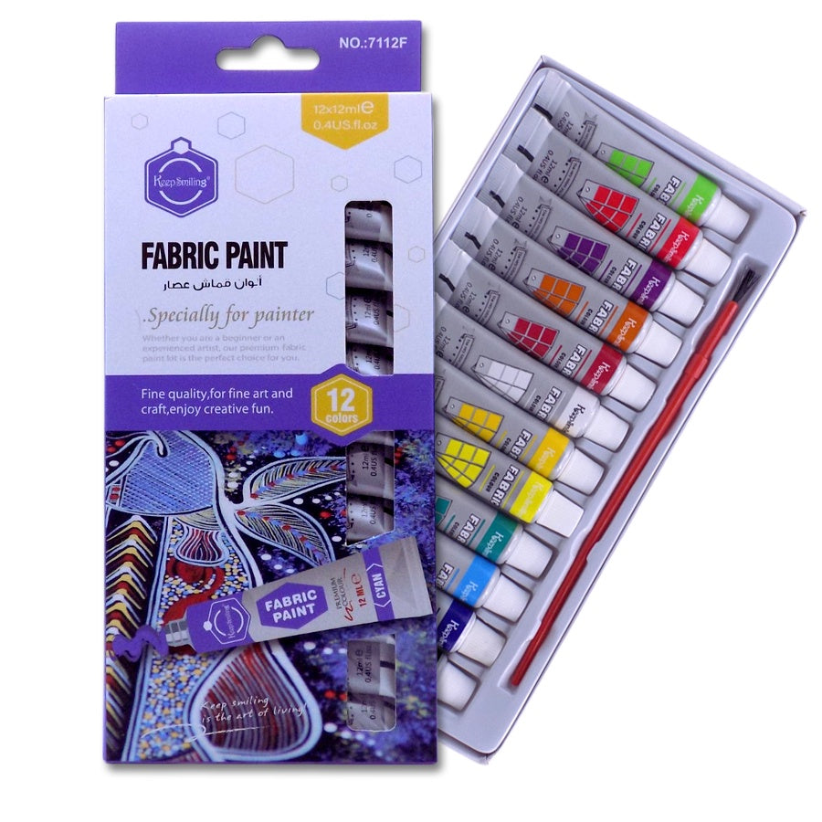 Keep Smiling Fabric Paint Set 12 Colors 12ml | Textile & DIY Art Kit | 7112F