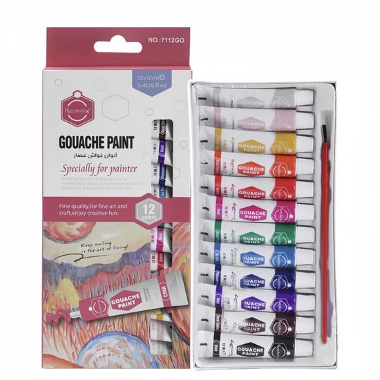 Keep Smiling Gouache Paint Set 12 Colors 12ml | Artist Gouache Colors Kit 7112GO