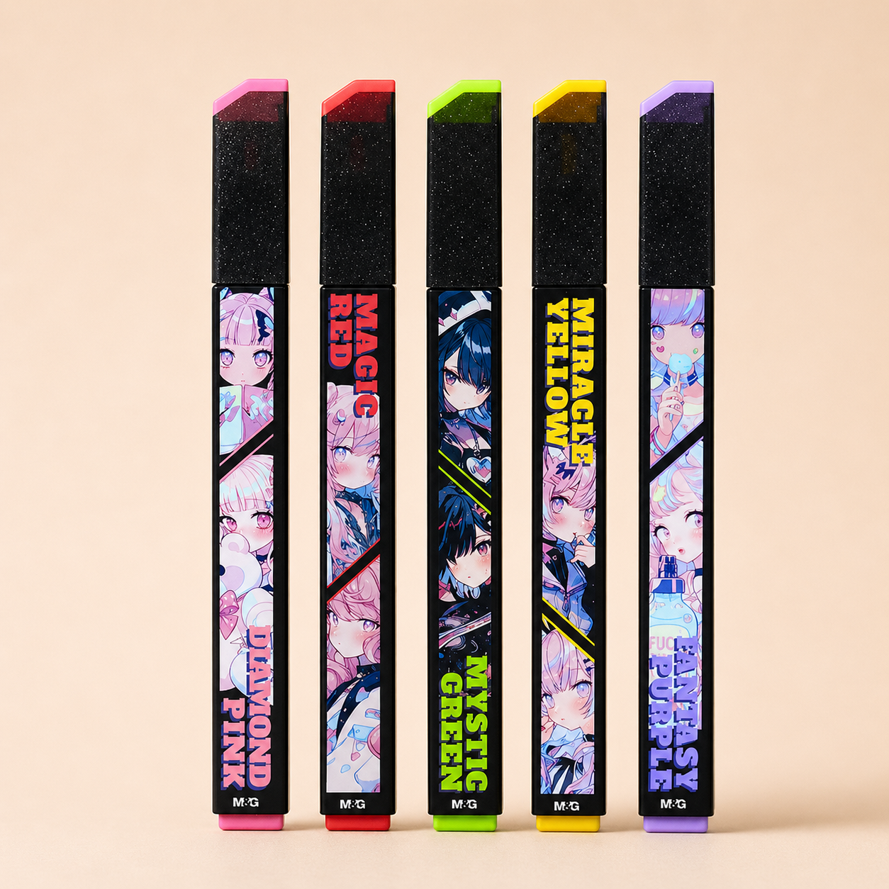 M&G Black Cube Highlighter Set – 5 Fluorescent Colors Anime Design | AHMU1675