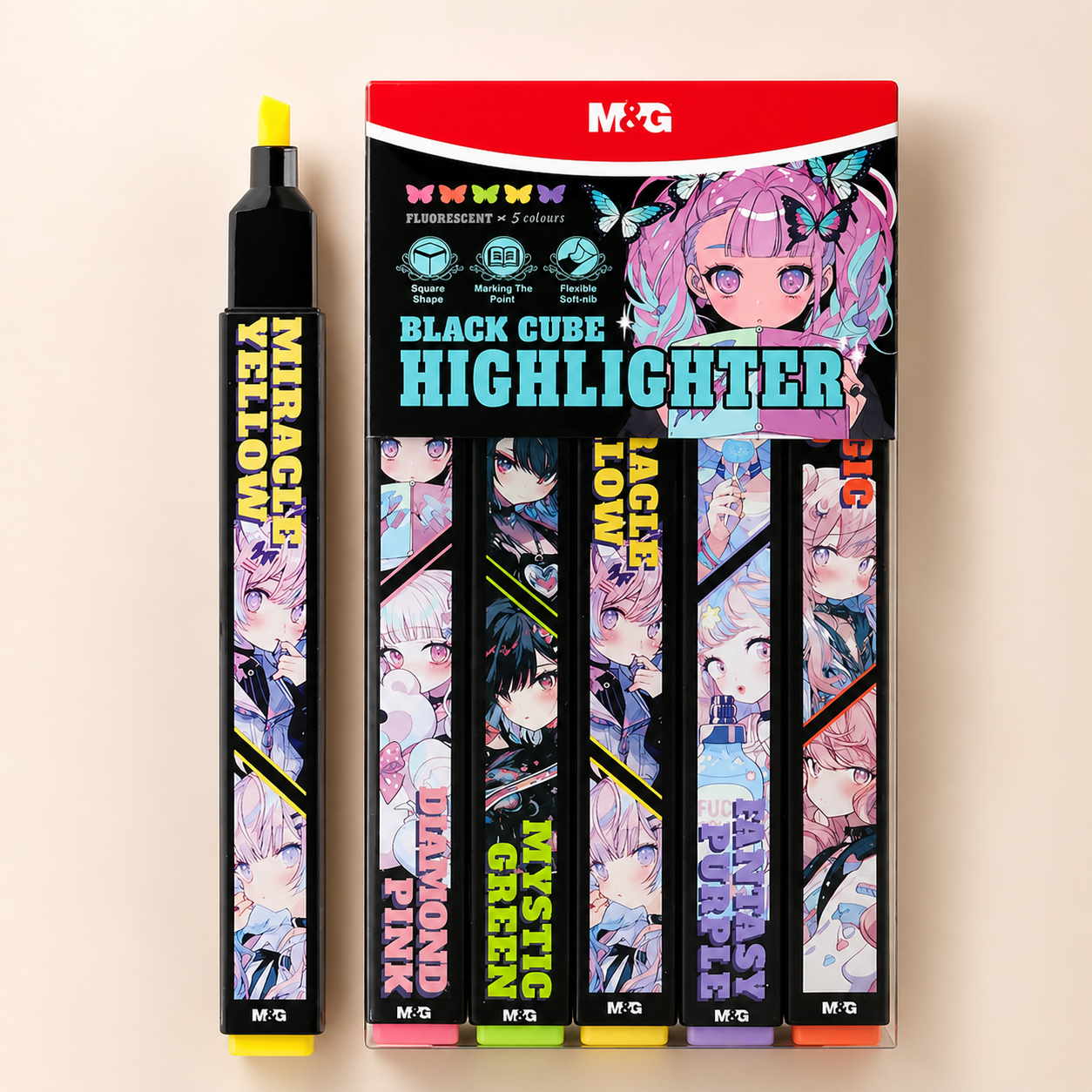 M&G Black Cube Highlighter Set – 5 Fluorescent Colors Anime Design | AHMU1675