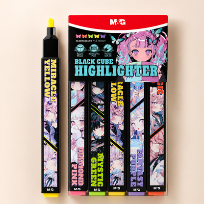 M&G Black Cube Highlighter Set – 5 Fluorescent Colors Anime Design | AHMU1675