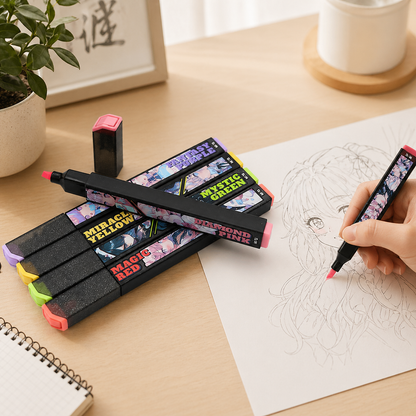 M&G Black Cube Highlighter Set – 5 Fluorescent Colors Anime Design | AHMU1675