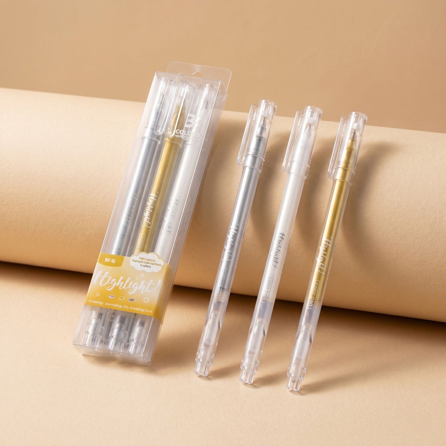 M&G Metallic Gel Highlighter Pens Set – 3 Colors (Gold, Silver, White) | AGPY5573
