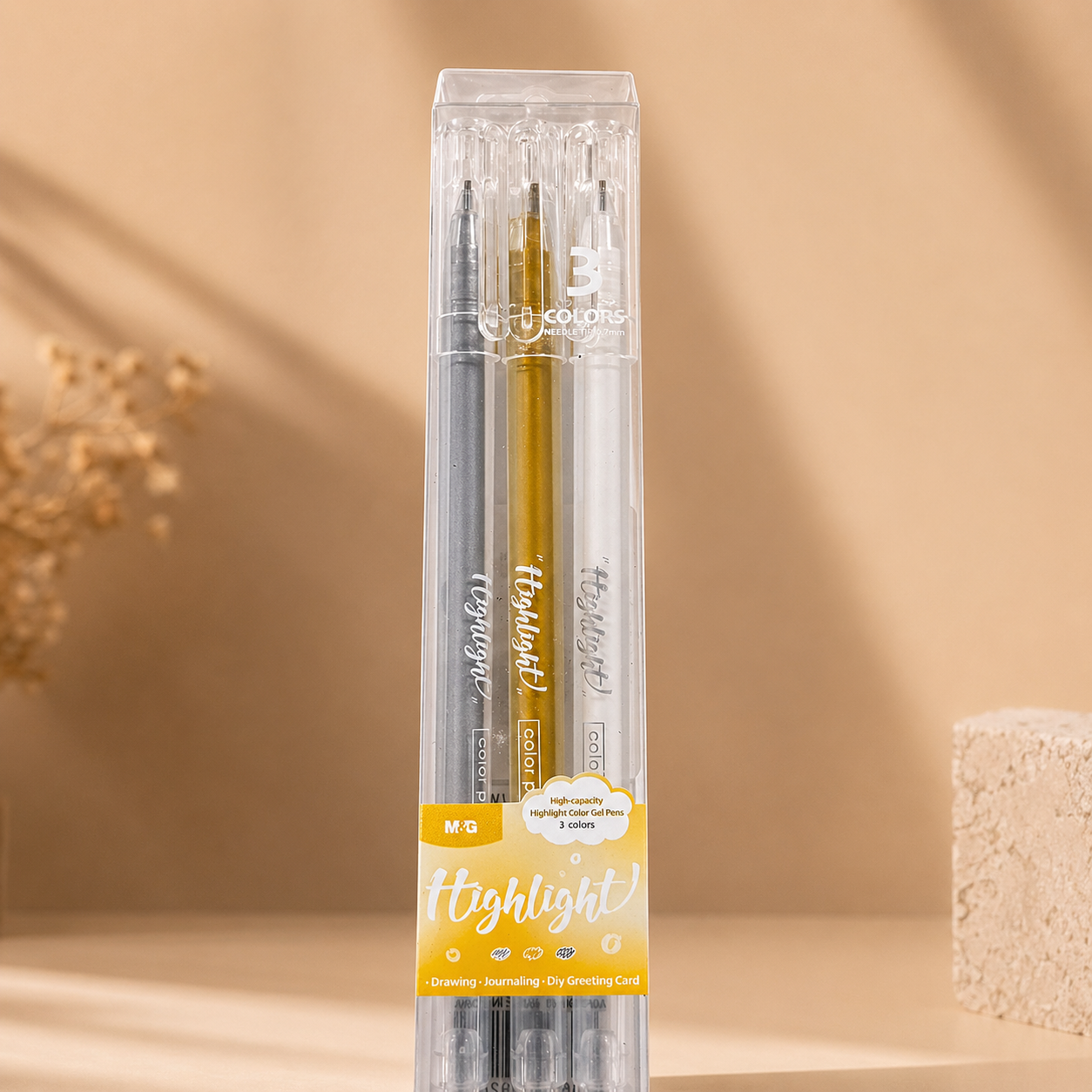 M&G Metallic Gel Highlighter Pens Set – 3 Colors (Gold, Silver, White) | AGPY5573