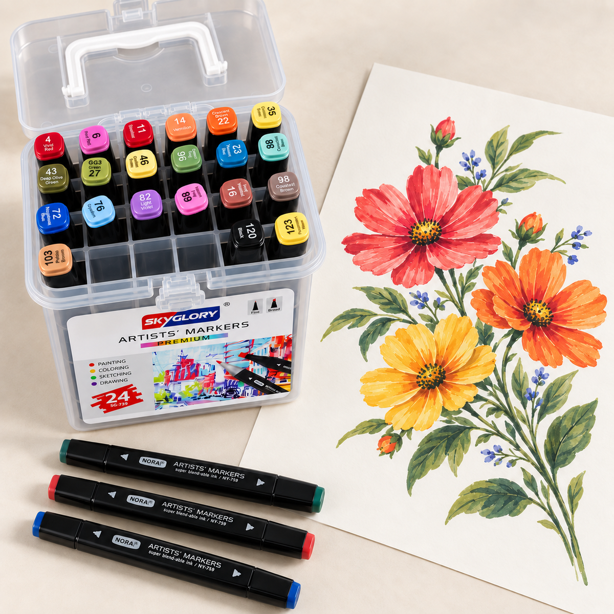 Skyglory Artists’ Markers Premium | 24 Colors | Dual Tip Fine & Broad