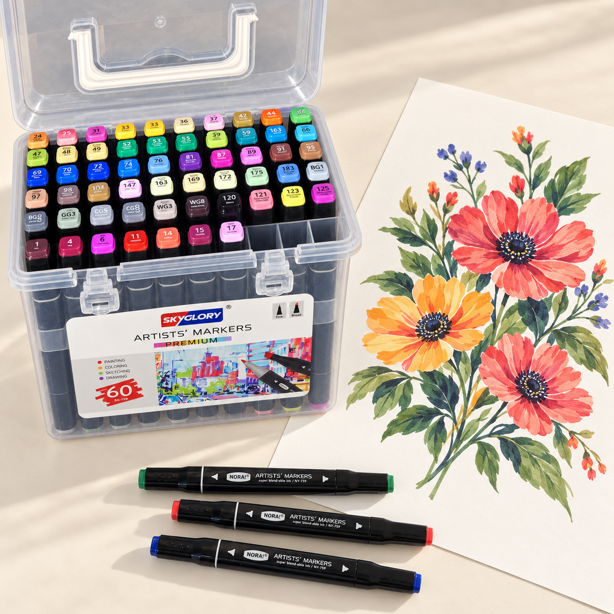 Skyglory Artists’ Markers Premium | 60 Colors | Dual Tip Fine & Broad | SG-759