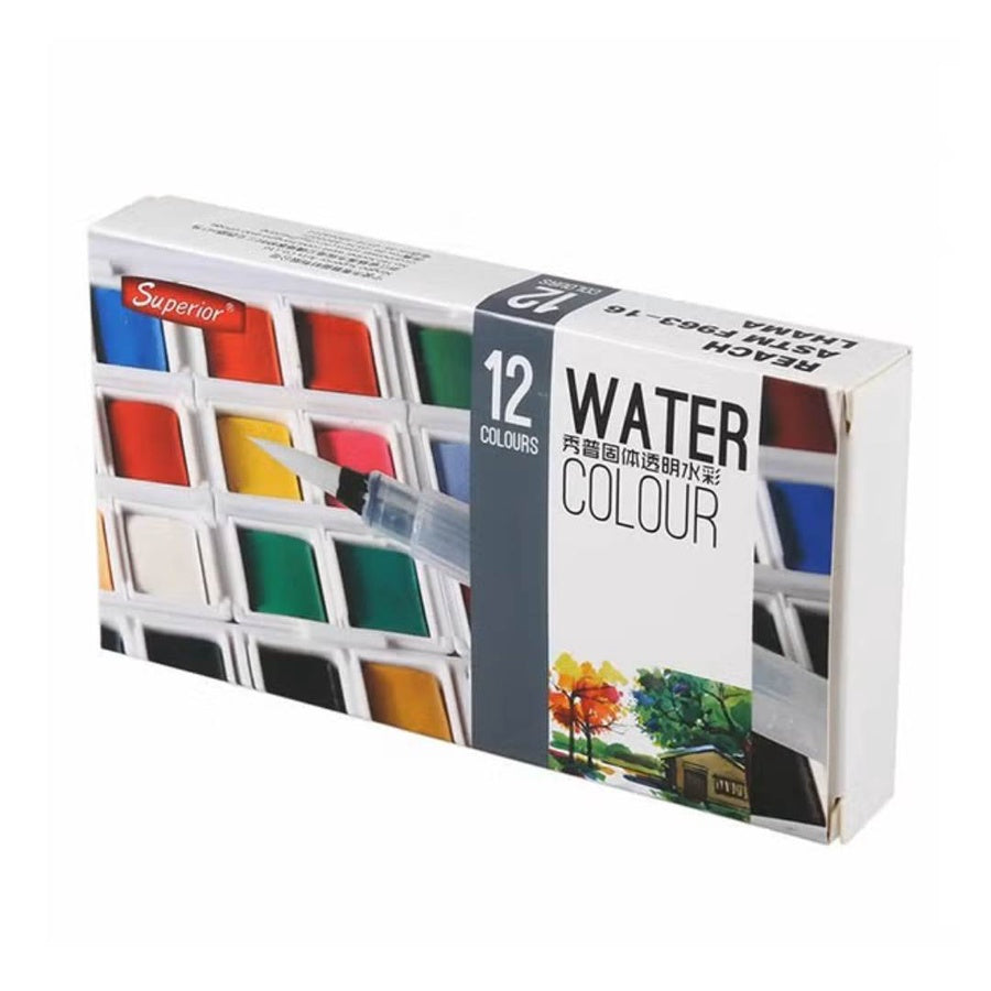 Superior Solid Watercolor Paint Set 12 Colors with Water Brush | Bright Watercolor Kit