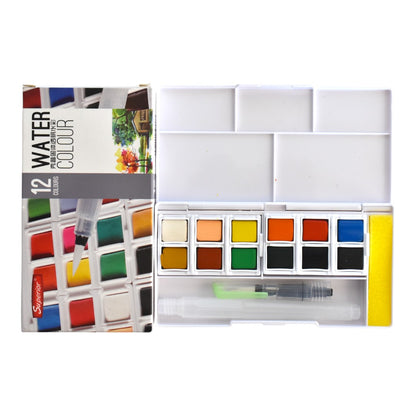 Superior Solid Watercolor Paint Set 12 Colors with Water Brush | Bright Watercolor Kit