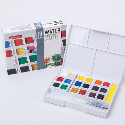 Superior Solid Watercolor Paint Set 18 Colors with Water Brush | Bright Watercolor Kit | XP-018