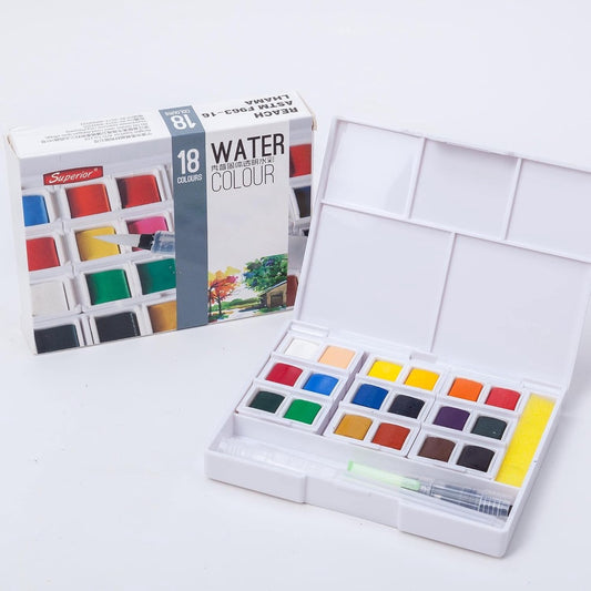 Superior Solid Watercolor Paint Set 18 Colors with Water Brush | Bright Watercolor Kit | XP-018